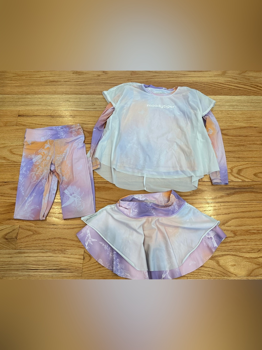 Moody Tiger Pastel Purple & Peach Active Top, leggings, and shorts bundle